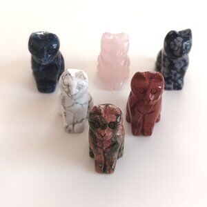 6 Mini 1" Semi Precious Stone Cat Figurines Unakite, Obsidian, Rose Quartz,  Jas